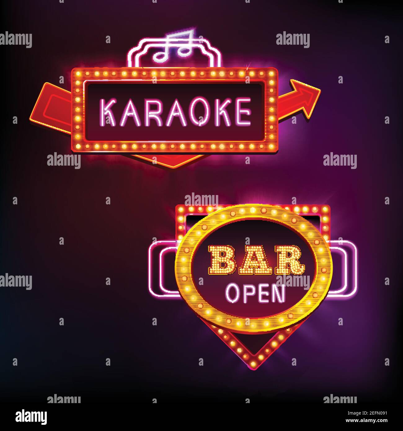Retro light sight set with karaoke bar isolated on dark background vector illustration Stock
