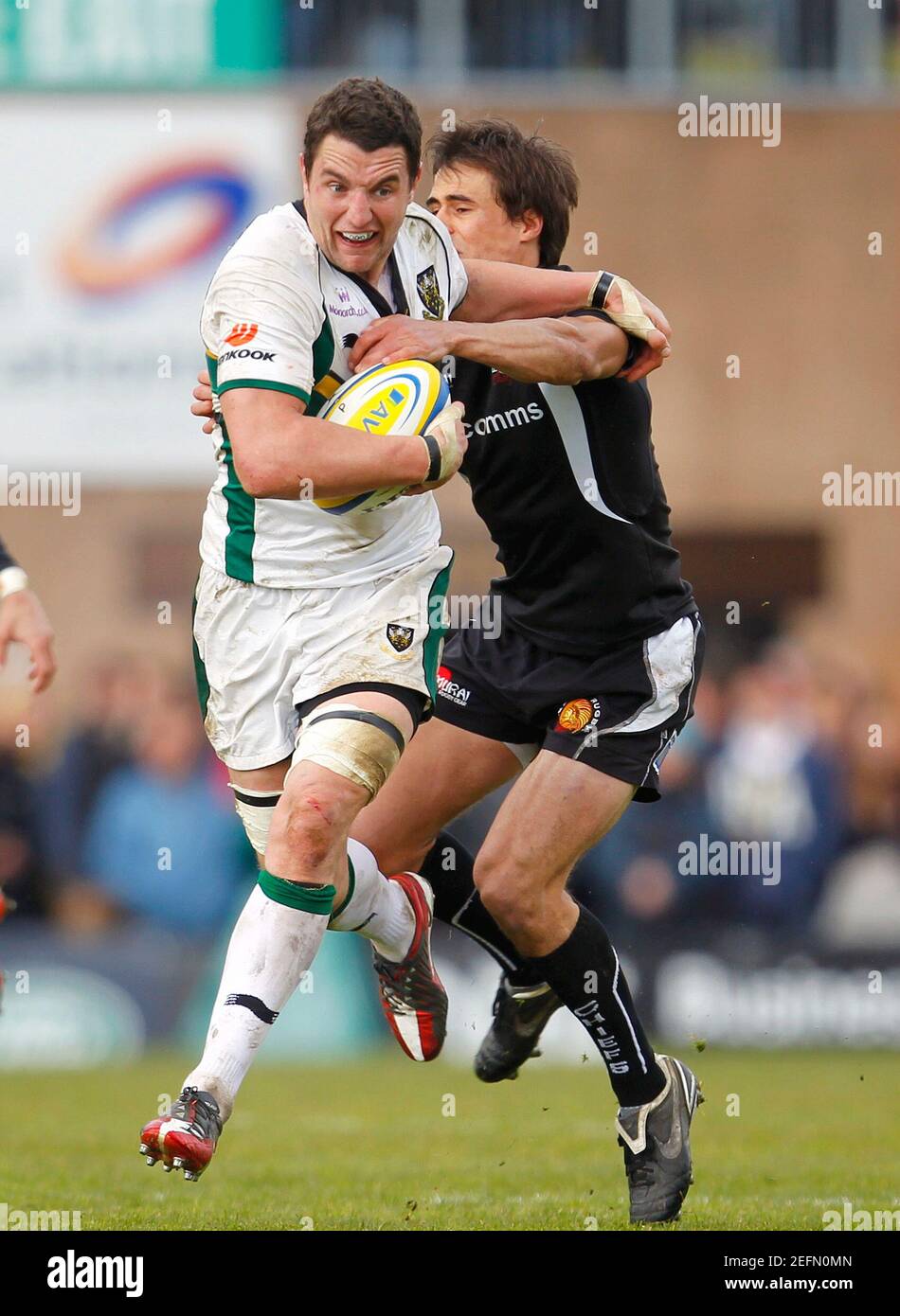 Rugby Union - Exeter Chiefs v Northampton Saints Aviva Premiership - Sandy Park - 22/4/12 Northampton Saints' Phil Dowson (L) in action with Exeter Chiefs' Ignacio Mieres Mandatory Credit: Action Images / James Benwell Livepic Stock Photo