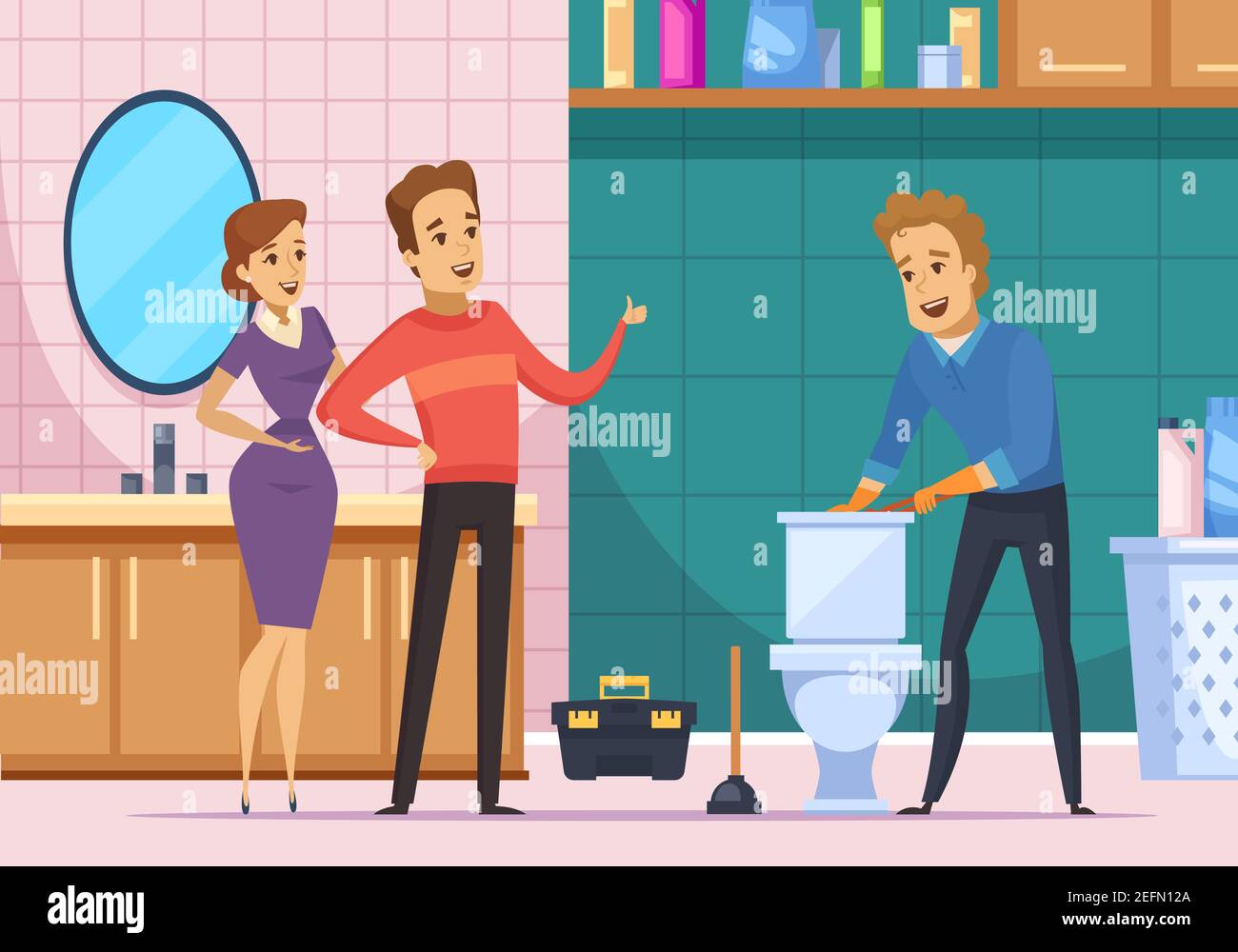 Flat composition with plumber repairing toilet and happy customer family in  home interior cartoon vector illustration Stock Vector Image & Art - Alamy
