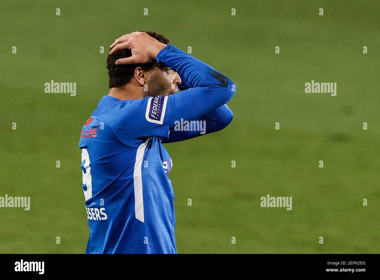 Genk's Cyriel Dessers reacts during a soccer match between KV Oostende and KRC Genk, Wednesday 17 February 2021 in Oostende, a postponed game of day 2 Stock Photo