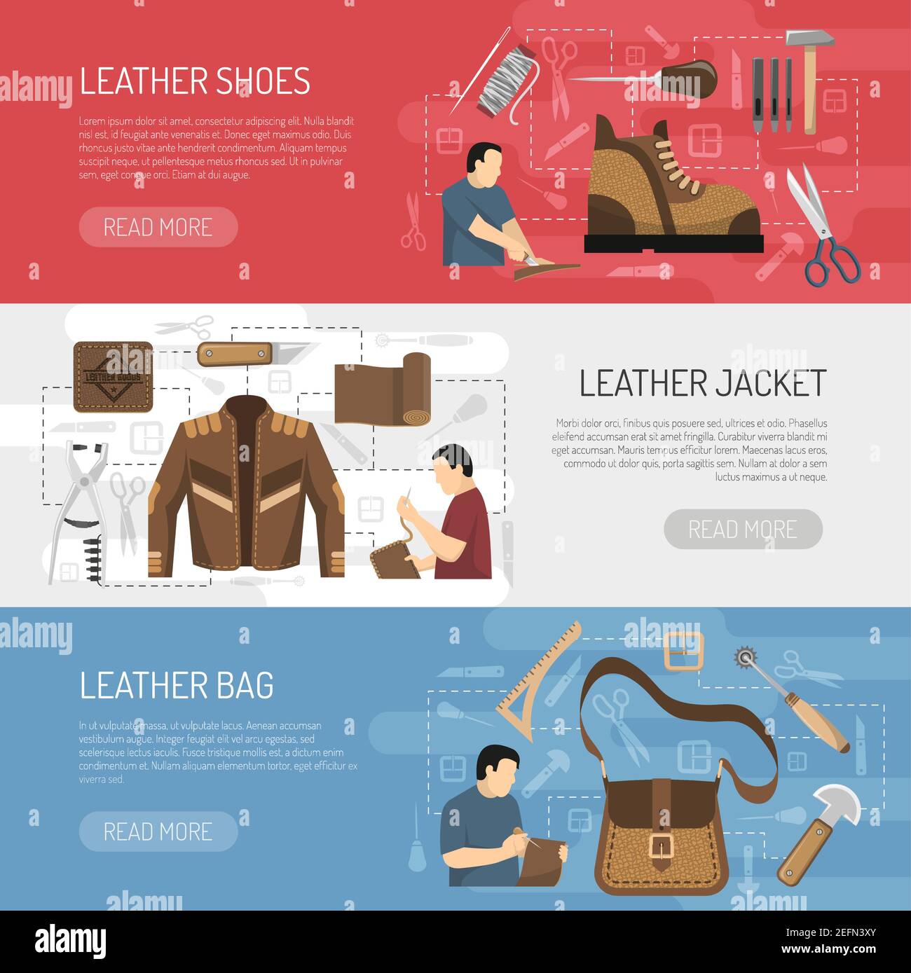 Leather goods horizontal banners with working tools and skinners making clothes  shoes and accessories flat vector illustration Stock Vector