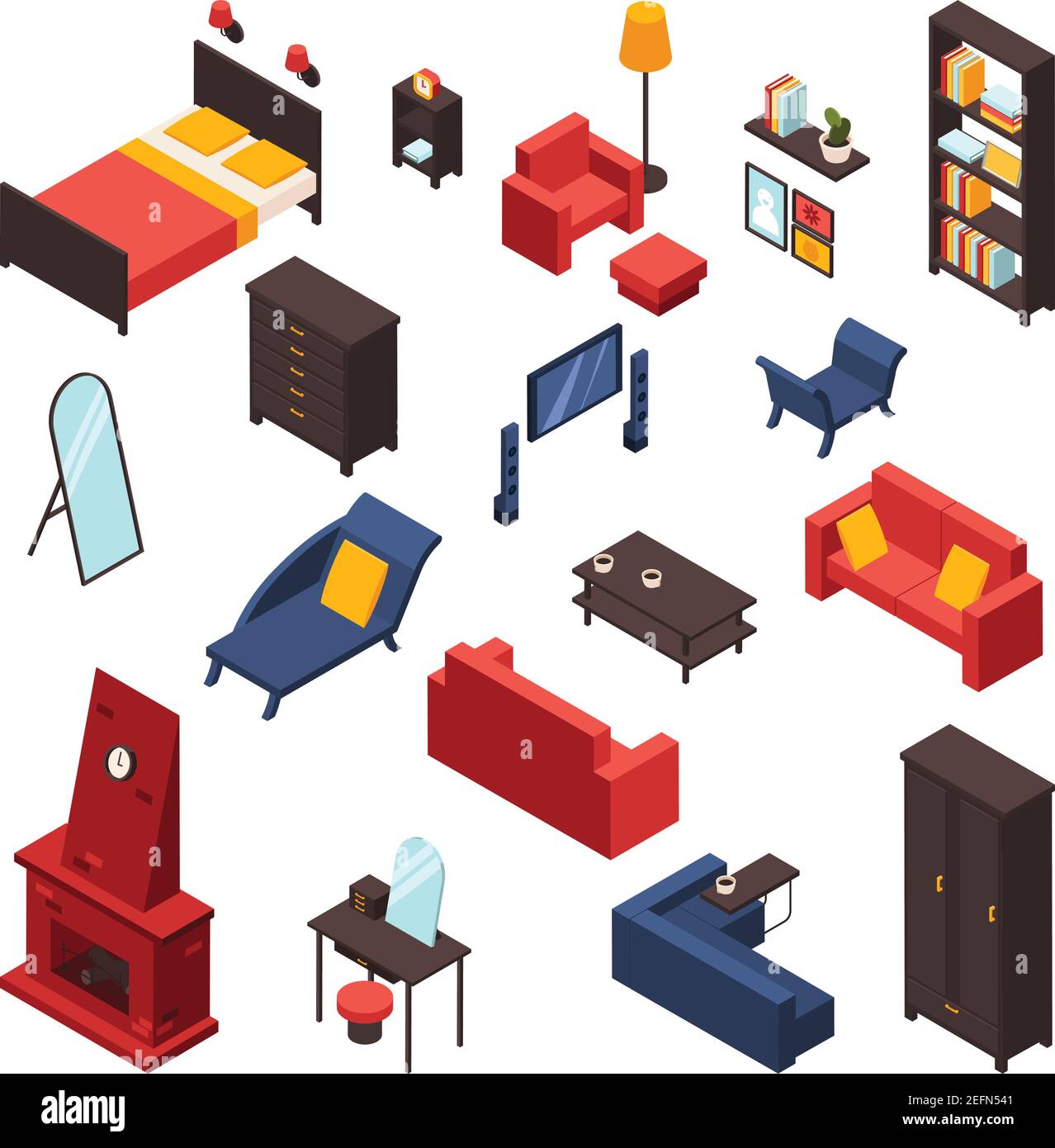 Living room furniture icons set with sofa TV and mirror isometric ...
