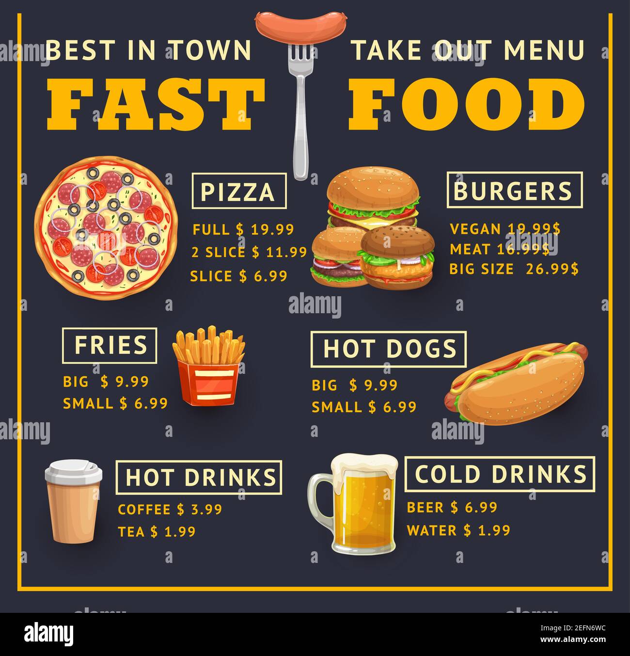 Fast food menu vector template, takeaway dishes pizza with salami, hot dog,  french fries or burgers, hot and cold drinks. Cartoon menu take out combo  Stock Vector Image & Art - Alamy