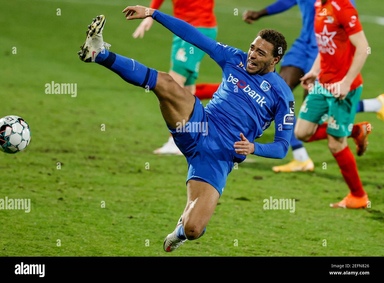 Genk's Cyriel Dessers pictured in action during a soccer match between KV Oostende and KRC Genk, Wednesday 17 February 2021 in Oostende, a postponed g Stock Photo