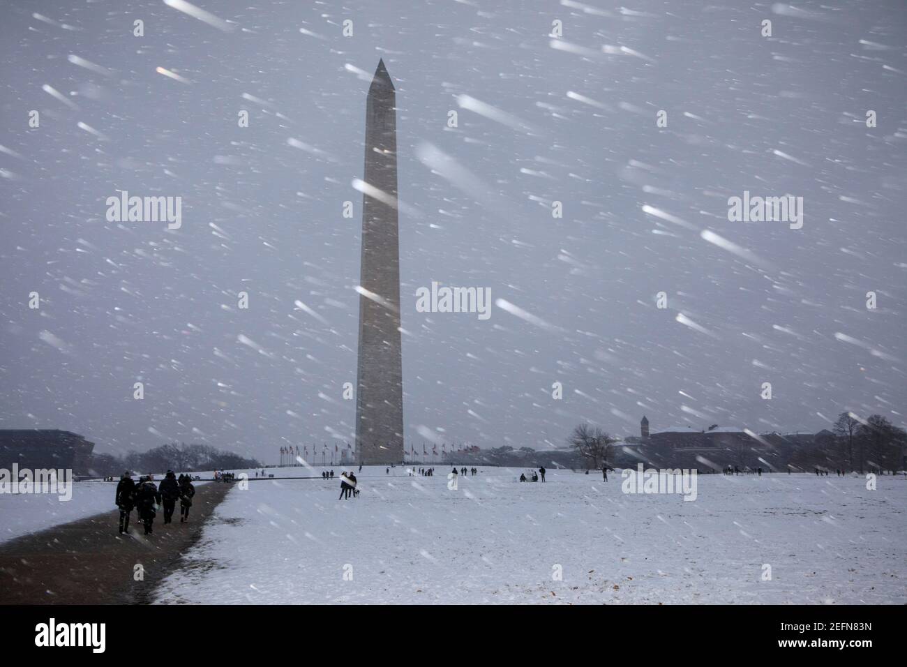 Snow blankets the National Mall and Washington Monument in DC. Stock Photo