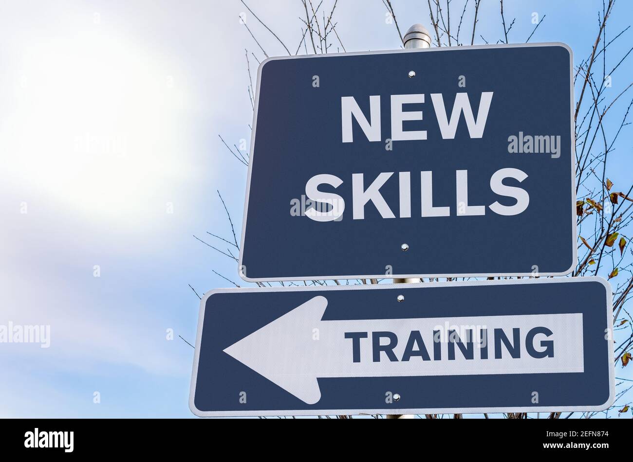 Conceptual road sign about training for gaining new professional skills. Copy Space. Stock Photo