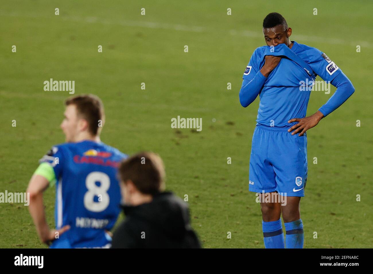 Genk's Jhon Lucumi Bonilla looks dejected after a soccer match between KV Oostende and KRC Genk, Wednesday 17 February 2021 in Oostende, a postponed g Stock Photo