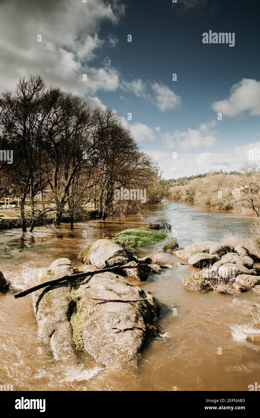 River surrounded by forest under a blue sky with clouds Stock Photo - Alamy