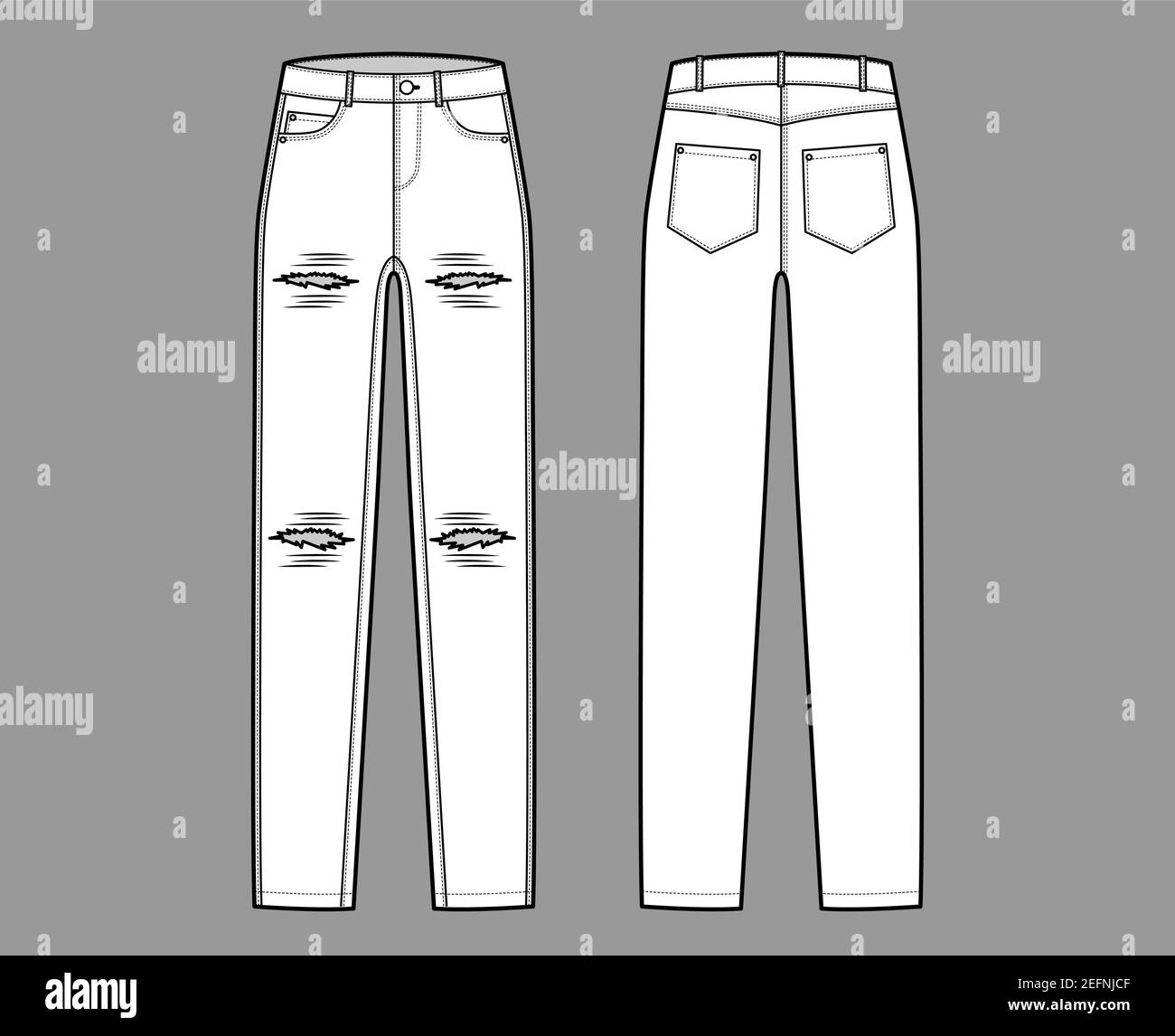 Ripped Jeans distressed Denim pants technical fashion illustration with  full length, low waist, rise, coin, 5