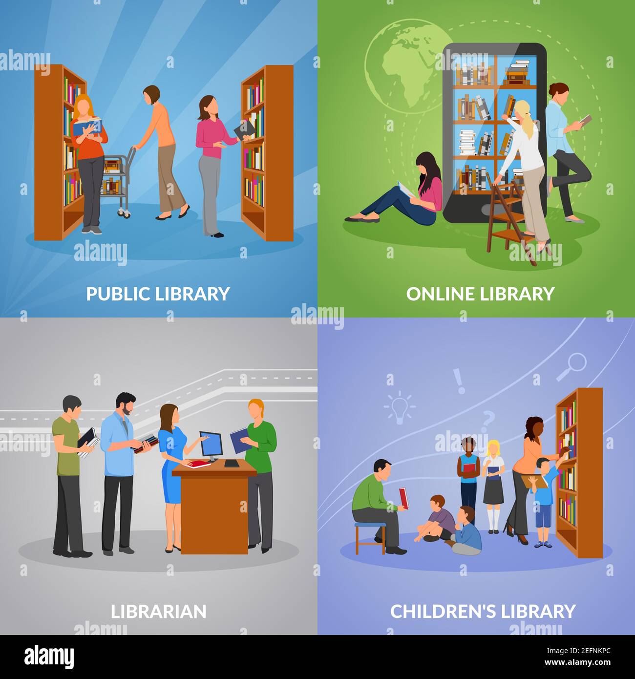 Library concept icons set with public and online library symbols flat ...