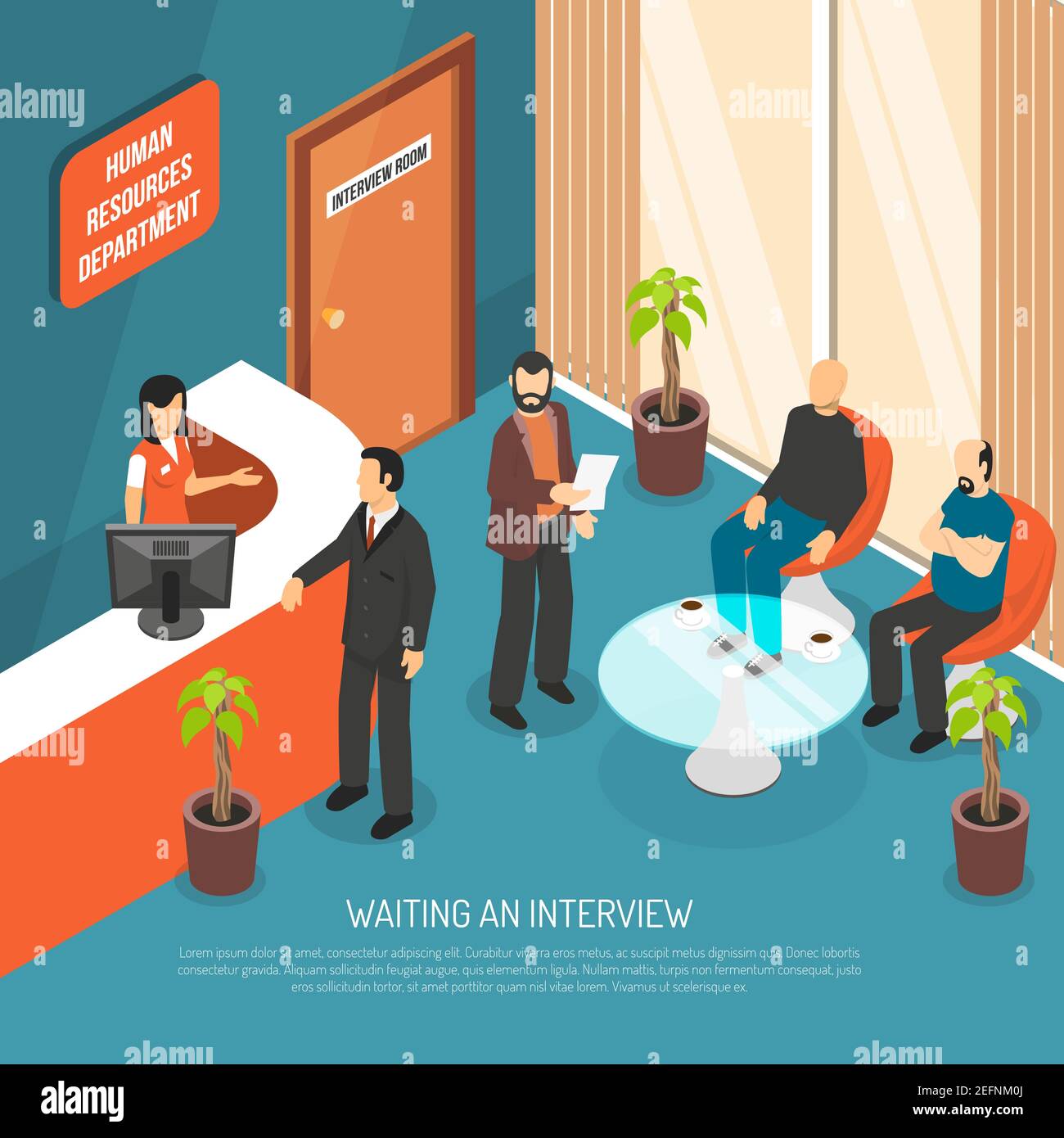 Interview waiting area with human resources department symbols flat vector illustration Stock Vector