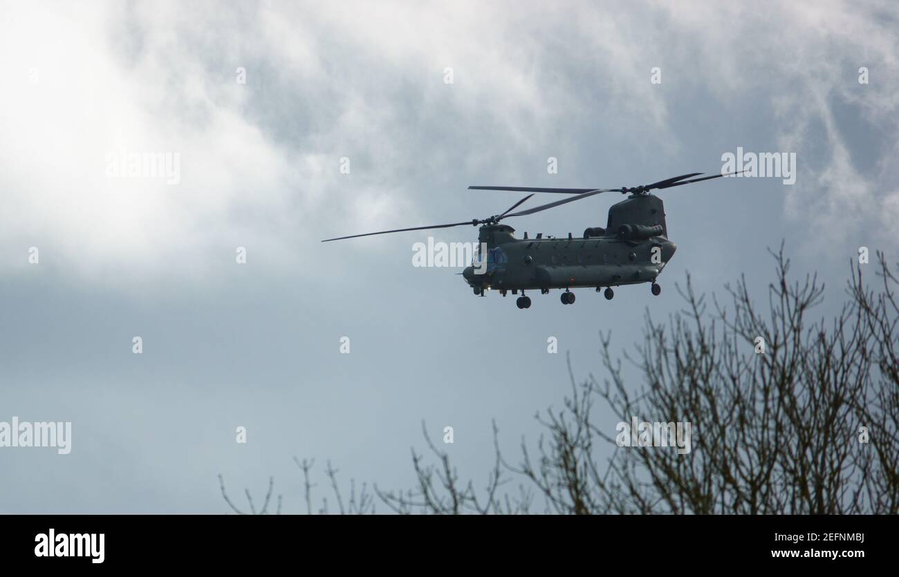 RAF Chinook tandemrotor CH47 helicopter flying fast and low in a