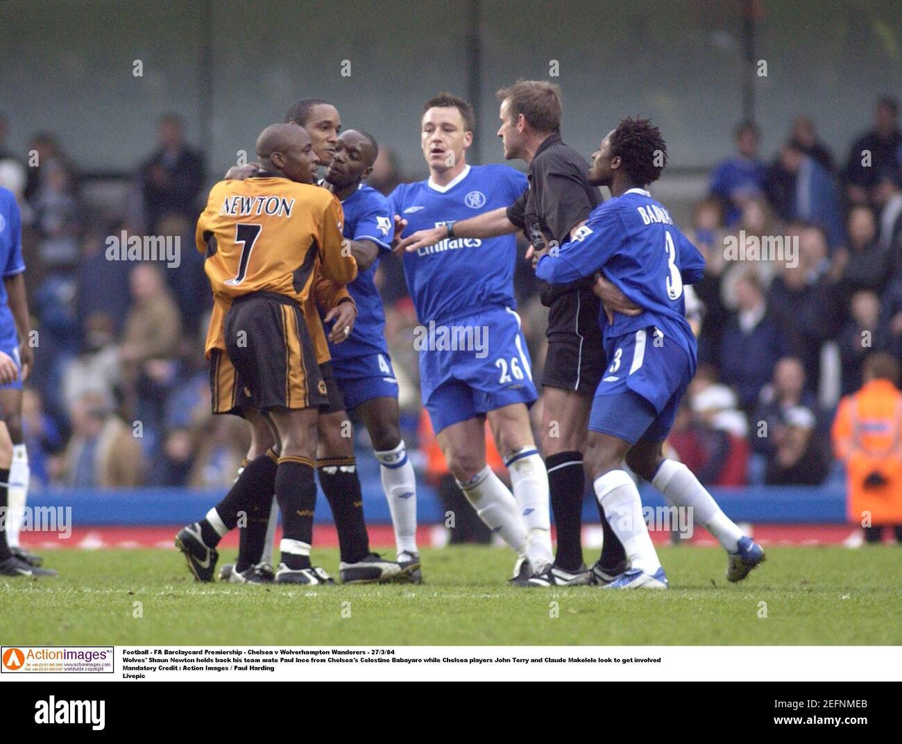 Football Fa Barclaycard Premiership Chelsea V Wolverhampton Wanderers 27 3 04 Wolves Shaun Newton Holds Back His Team Mate Paul Ince From Chelsea S Celestine Babayaro While Chelsea Players John Terry And