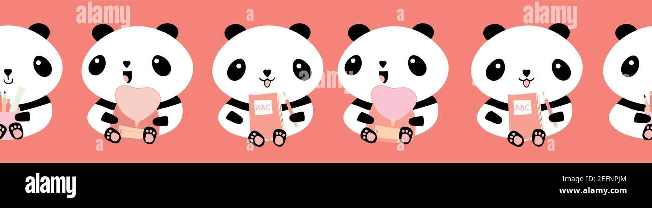Cute Kawaii vector panda seamless border. Banner of black and white sitting cartoon bears holding backpacks and pencils on pink background . Fun Stock Vector