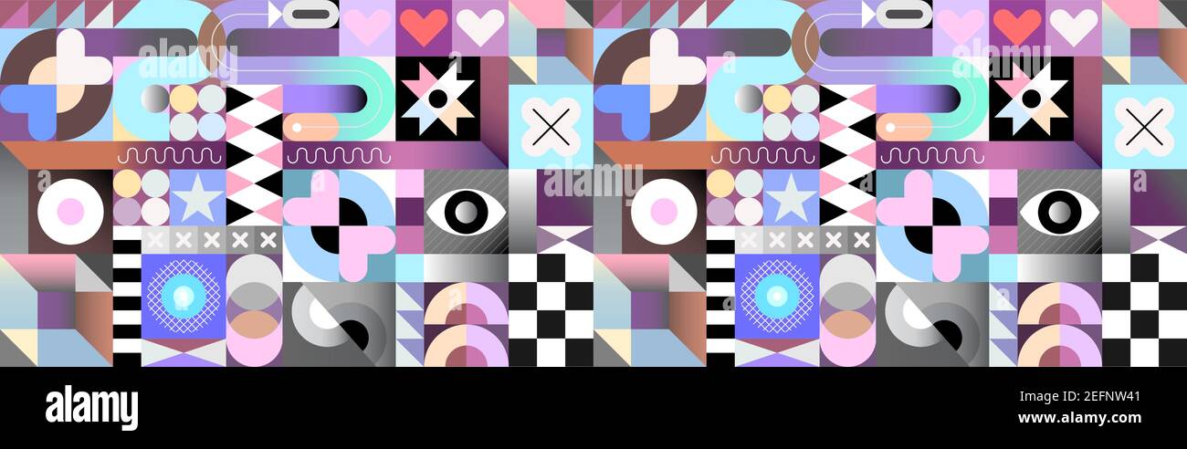 Abstract geometric seamless pattern. Multicolor gradient vector background with different shapes and elements. Stock Vector