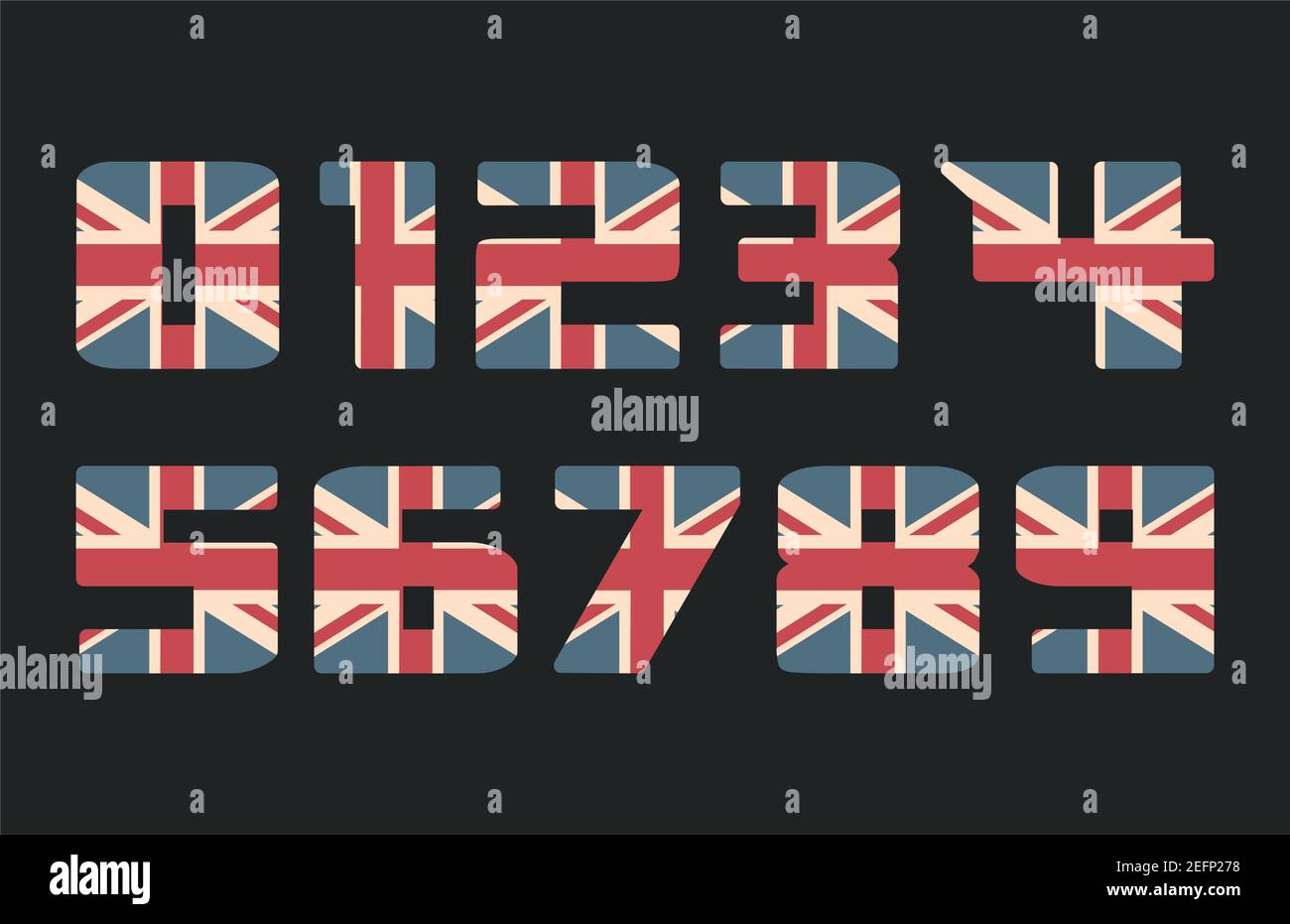 Capital 3d numbers with UK flag texture isolated on black background. Vector illustration. Element for design. Kids alphabet. Great Britain patriotic Stock Vector