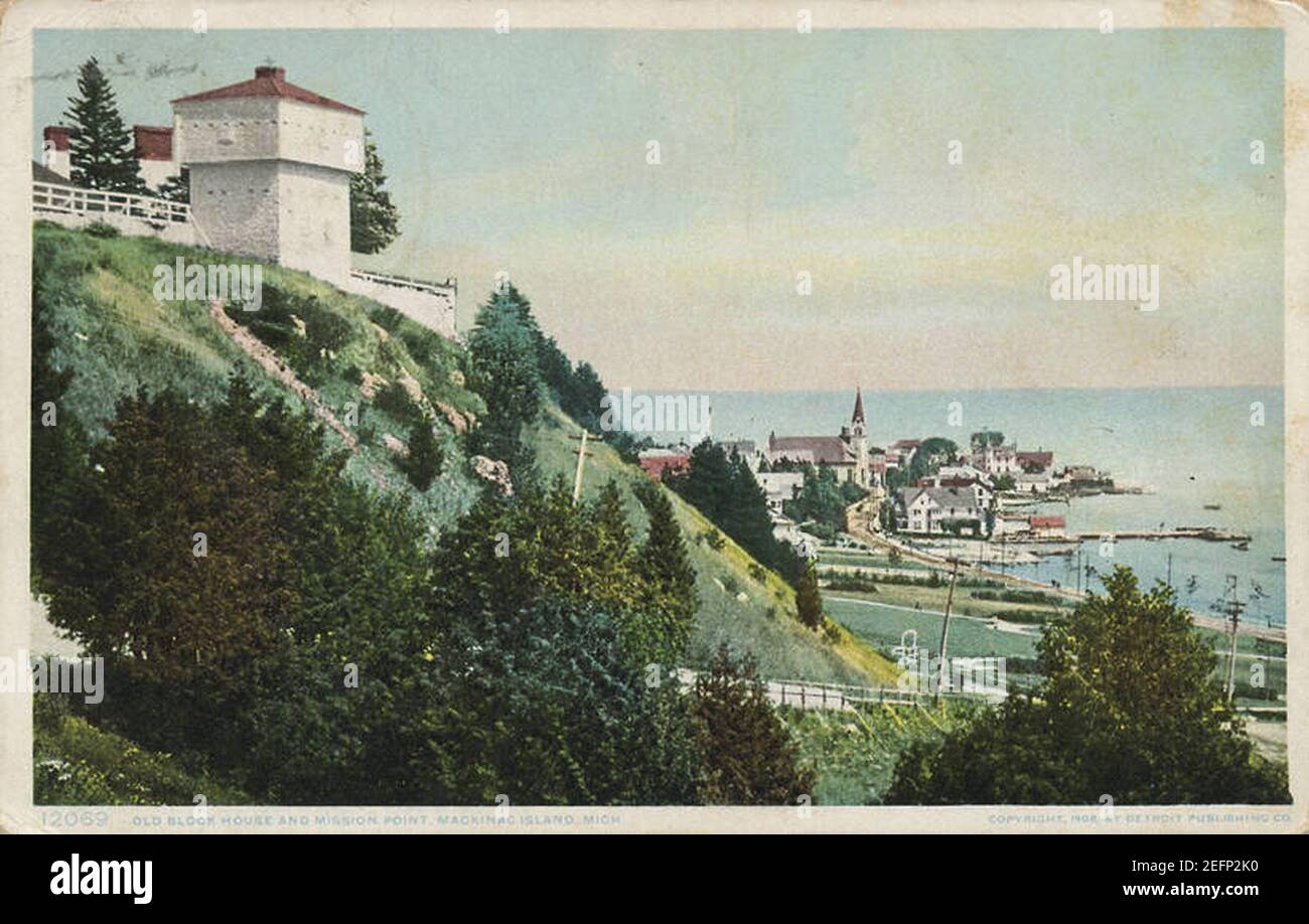 Mission Point Old Block House and Mission Point, Mackinac Island, Mich Stock Photo ...