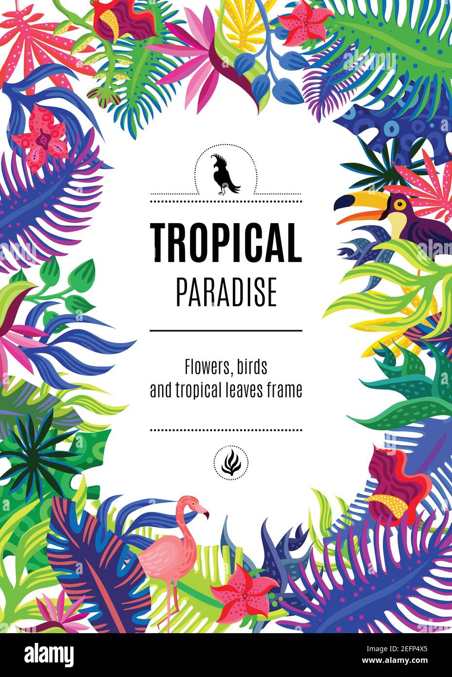 Tropical paradise exotic plants flowers and birds colorful bright ...