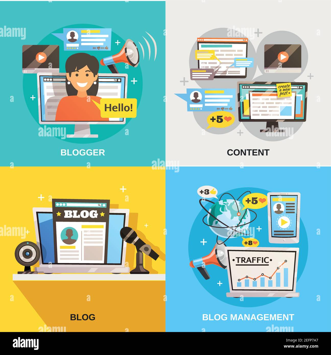 Blogger concept square compositions set with flat images of information ...