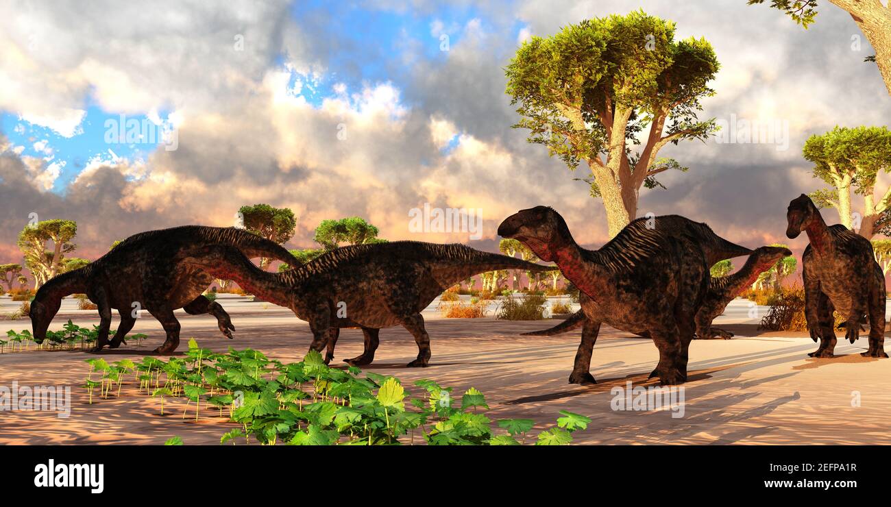 A cloudy day finds a Lurdusaurus dinosaur herd resting and eating vegetation in Africa during the Cretaceous Period. Stock Photo