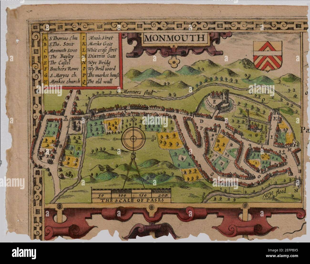 Old map of Monmouth, Wales. Stock Photo