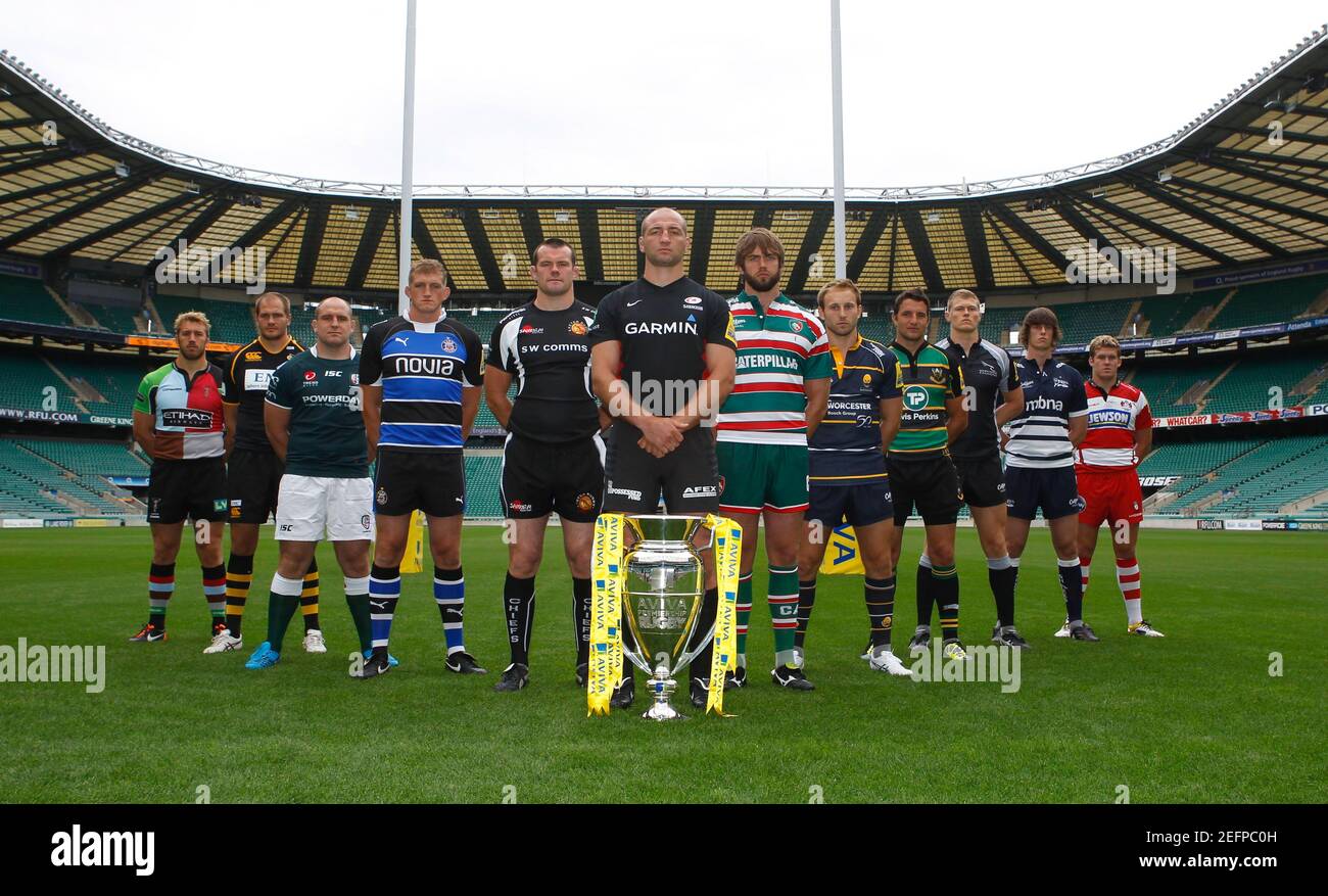 Rugby Union - Aviva Premiership Rugby Season Launch 2011/12 - Twickenham Stadium - 24/8/11 (L-R) Chris Robshaw of Harlequins, John Hart of London Wasps, Clarke Dermody of London Irish, Stuart Hooper of Bath Rugby, Tom Hayes of Exeter Chiefs, Steve Borthwick of Saracens, Geoff Parling of Leicester Tigers, Chris Pennell of Worcester Warriors, Phil Dowson of Northampton Saints, James Hudson of Newcastle Falcons, James Gaskell of Sale Sharks and Luke Narraway of Gloucester Rugby with the Aviva Premiership Rugby Trophy during the season launch 2011/12 Mandatory Credit: Action Images / Paul Hard Stock Photo