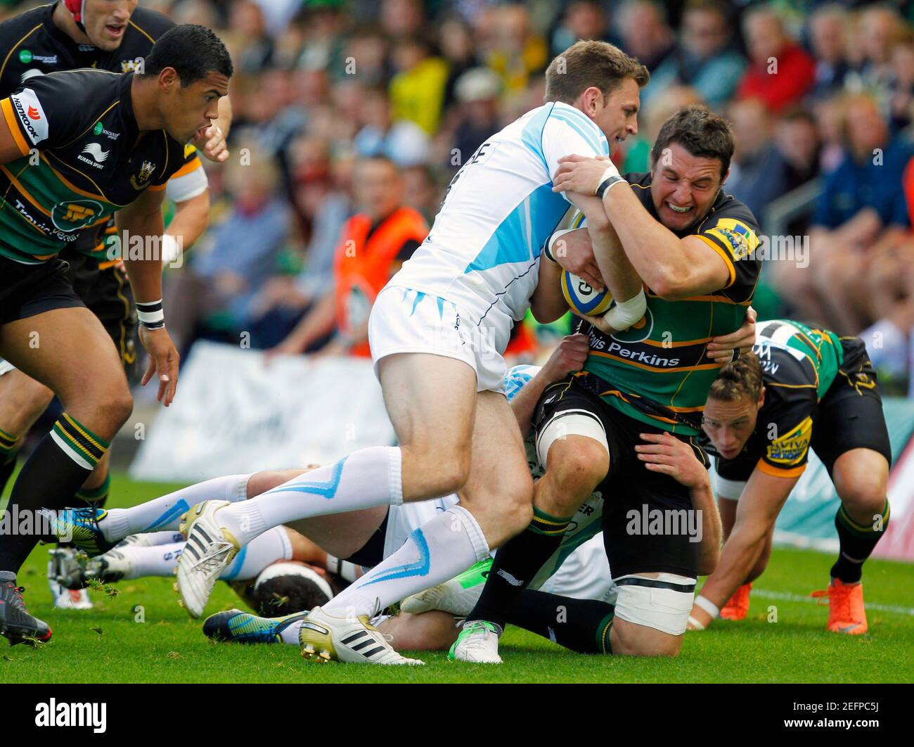 Rugby Union - Northampton Saints v Worcester Warriors - Aviva Premiership - Franklin's Gardens - 22/9/12  Northampton Saints' Phil Dowson (R) in action  Mandatory Credit: Action Images / James Benwell  Livepic Stock Photo
