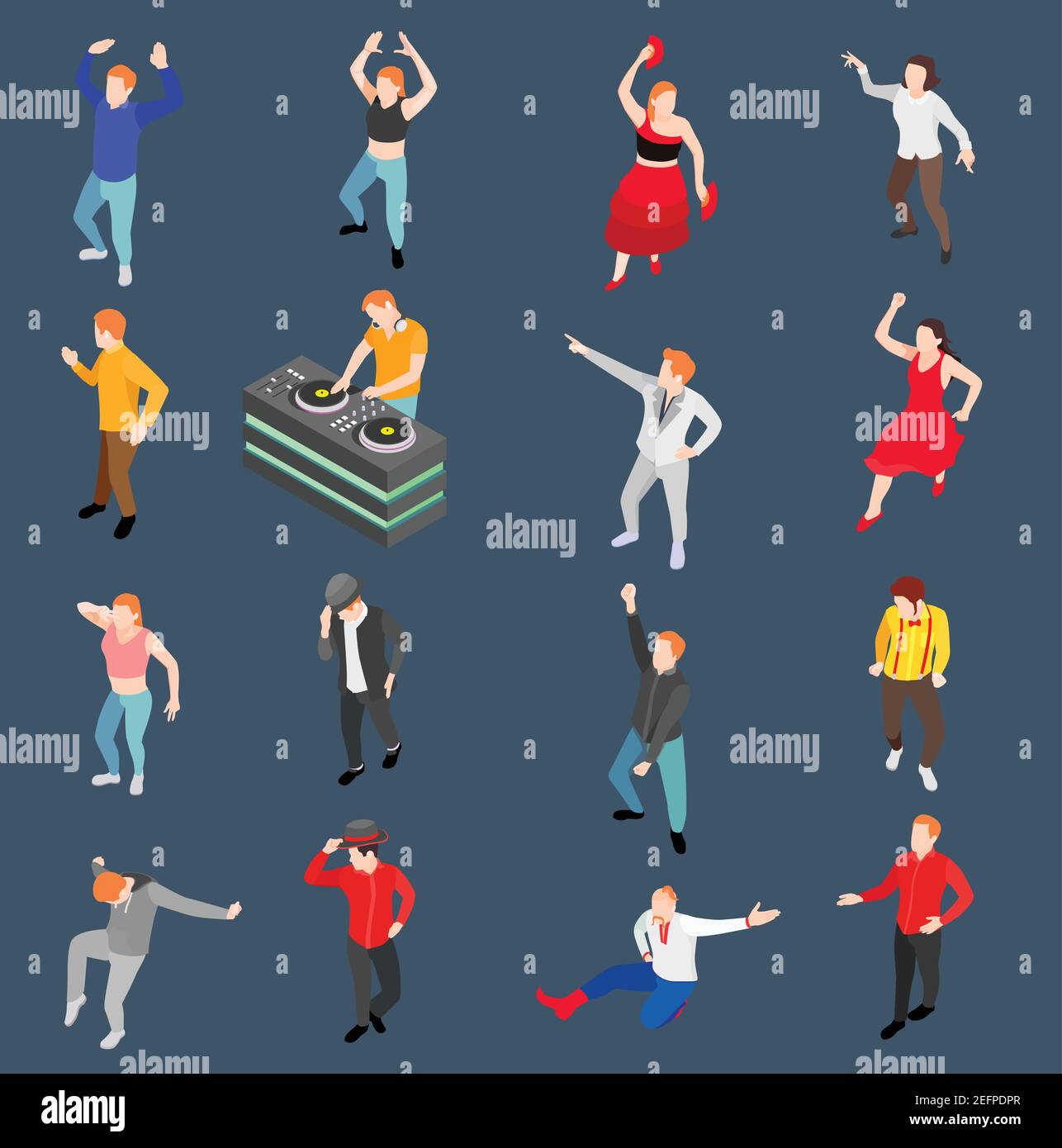 Dance isometric people collection with human characters performing in modern and traditional style with disc jockey vector illustration Stock Vector