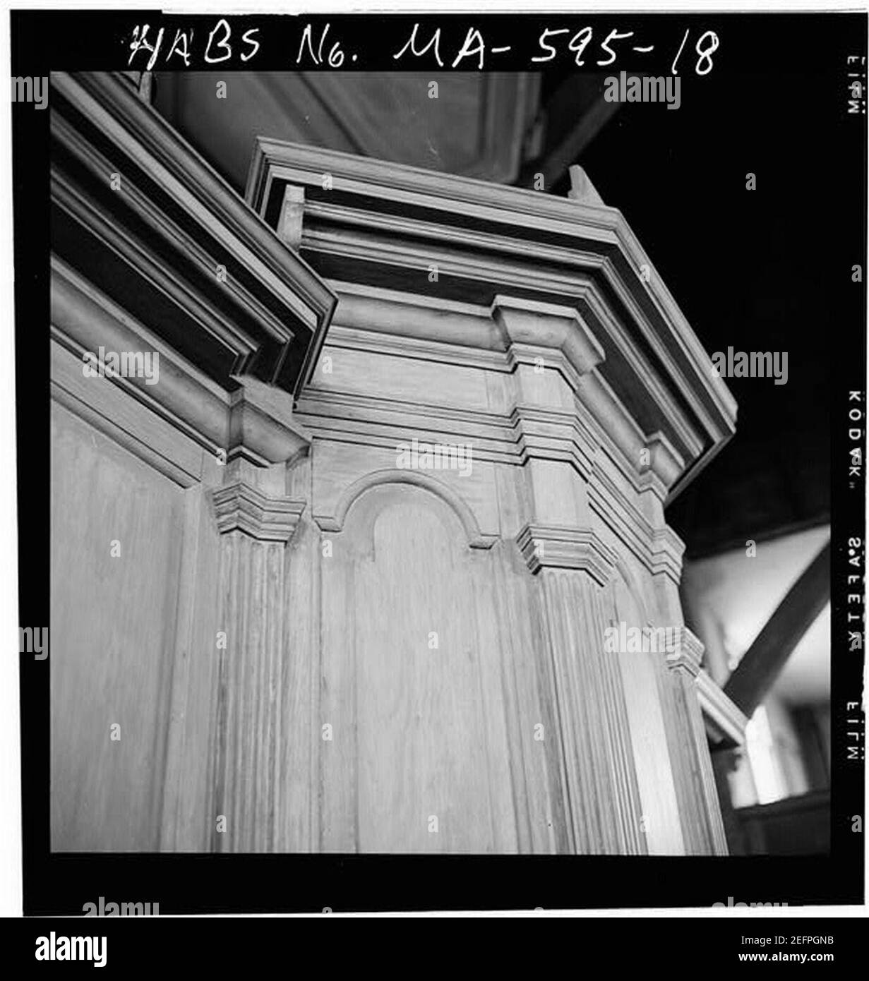 Old Ship Church pulpit paneling detail. Stock Photo