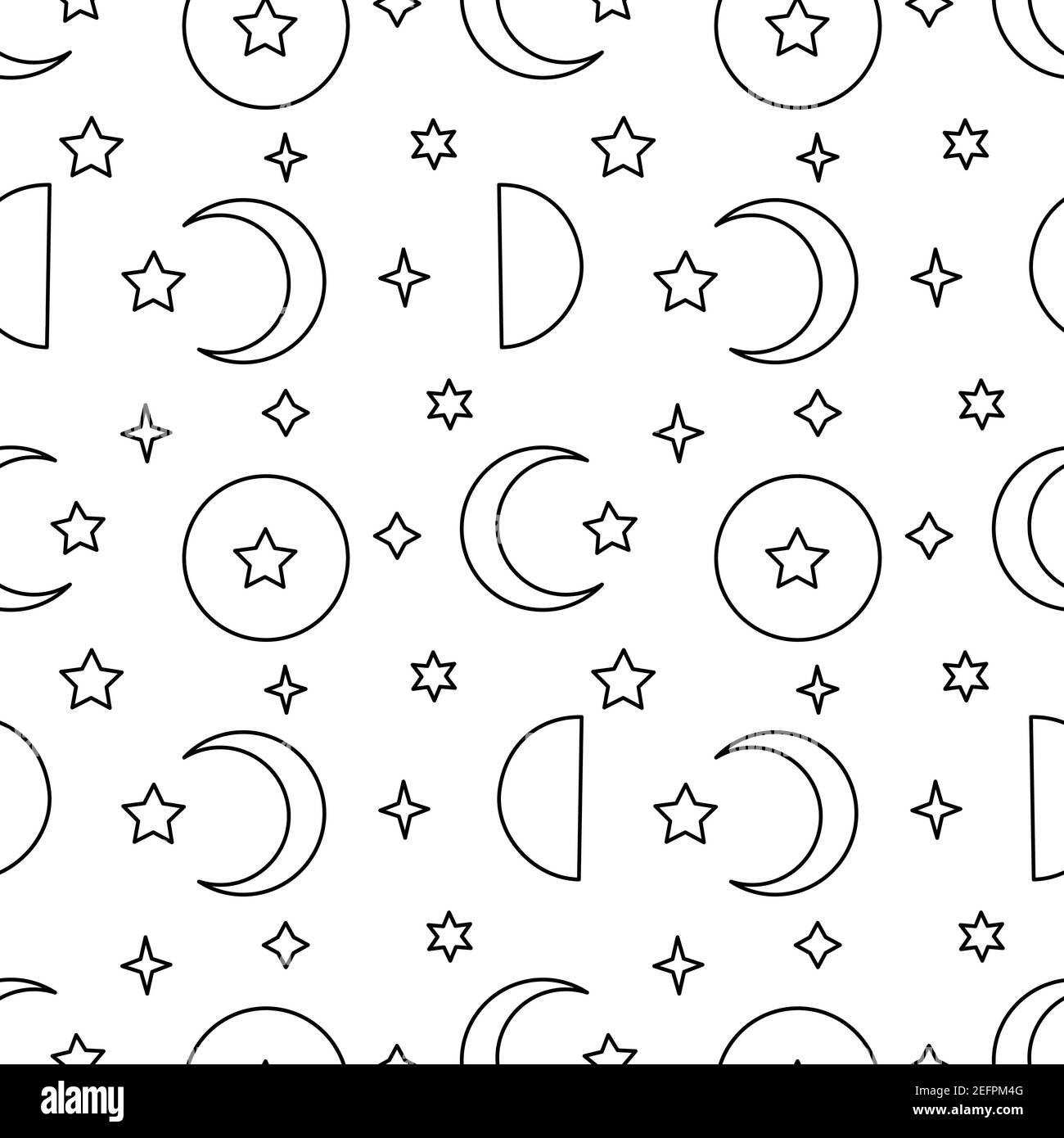Monochrome seamless pattern with black and white moon and stars on