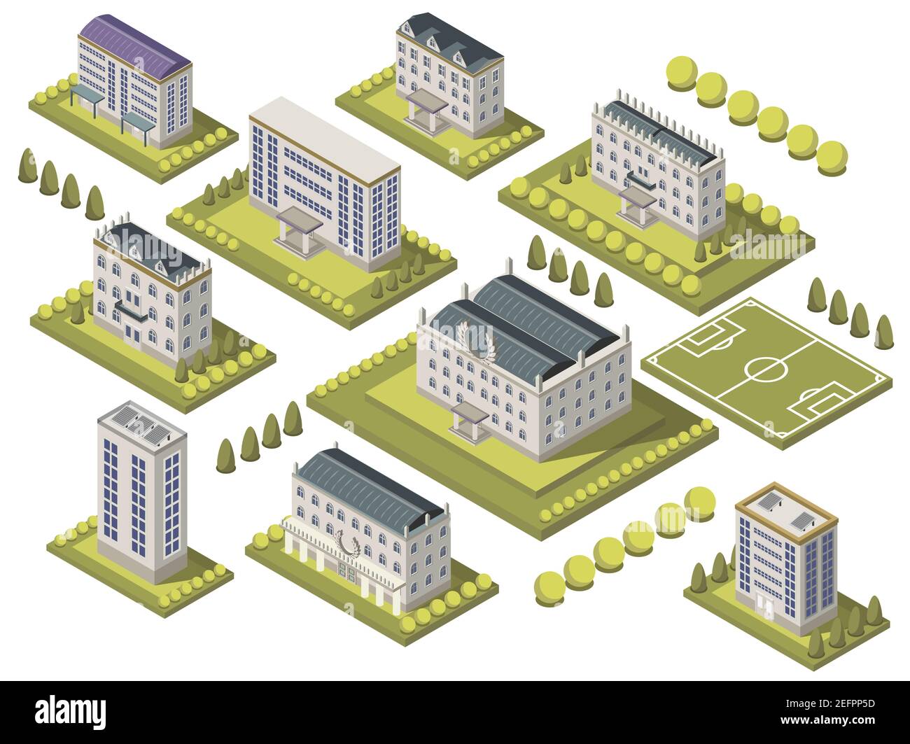 Isometric university set with sports ground and campus isolated vector illustration Stock Vector