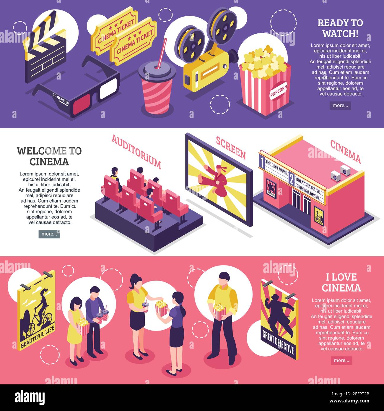 Cinema isometric horizontal banners with elements of cinematography ...