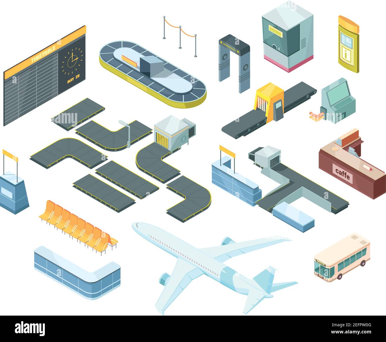 Airport isometric set with transportation, security system equipment, passport control booth, timetable, baggage carousel isolated vector illustration Stock Vector