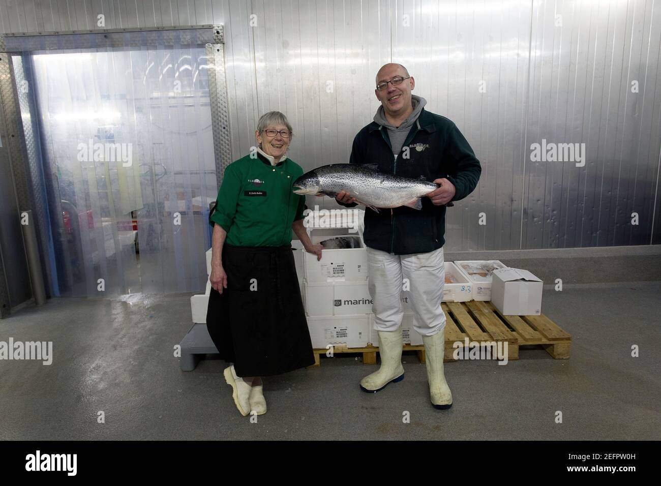 Fishmongers holding a big Atlantic salmon in his workplace Hanseatic City of Bremen, Germany . Stock Photo