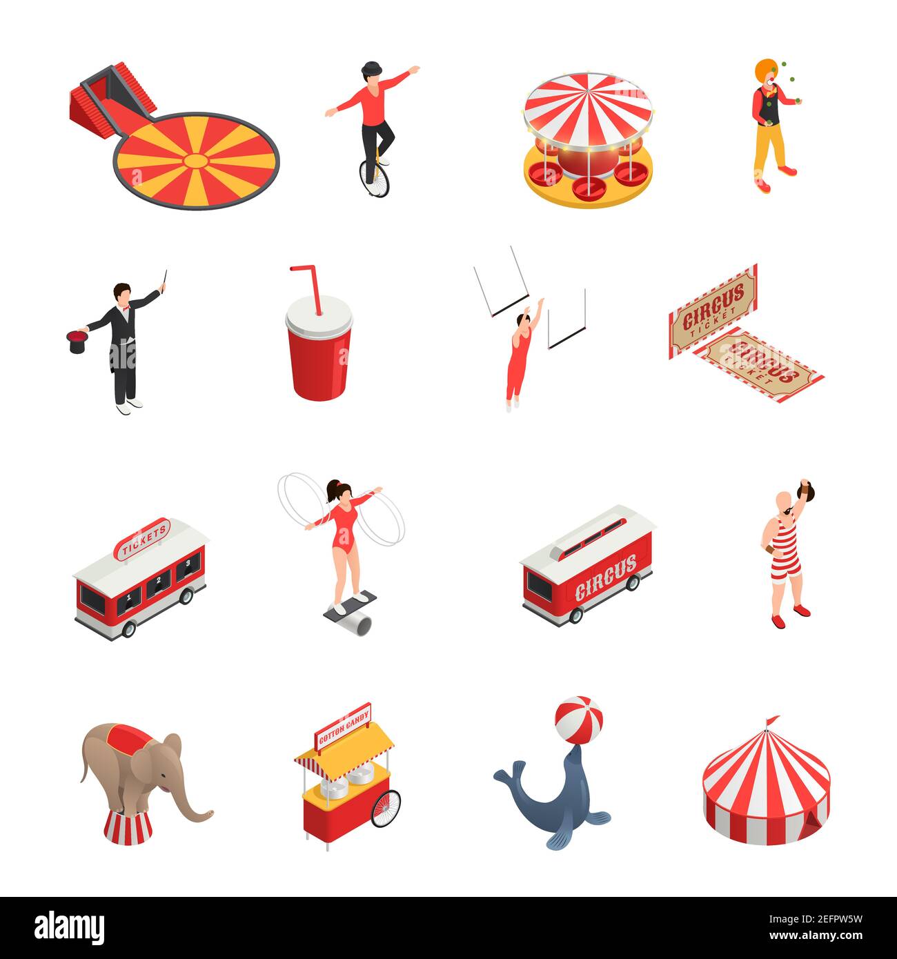 Circus isometric set of manege juggler clown acrobat trained animals ...