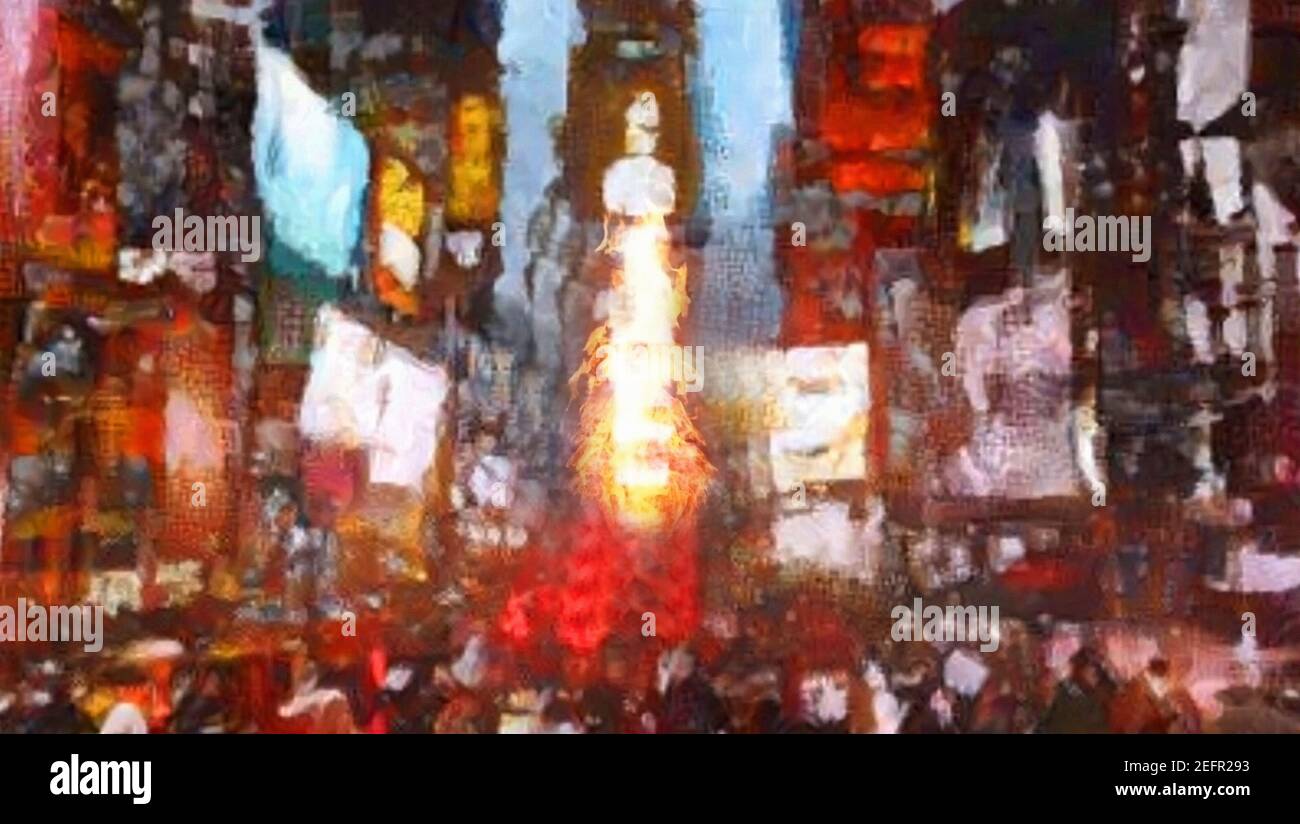 Abstract Times square oil painting with burning flames. 3D rendering Stock Photo