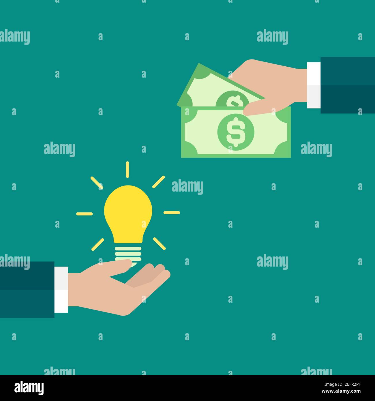 businessman hands with yellow shining bulb and money. Vector flat illustration on blue. Ideas exchange, buy. Financial success, salary, investment, di Stock Vector