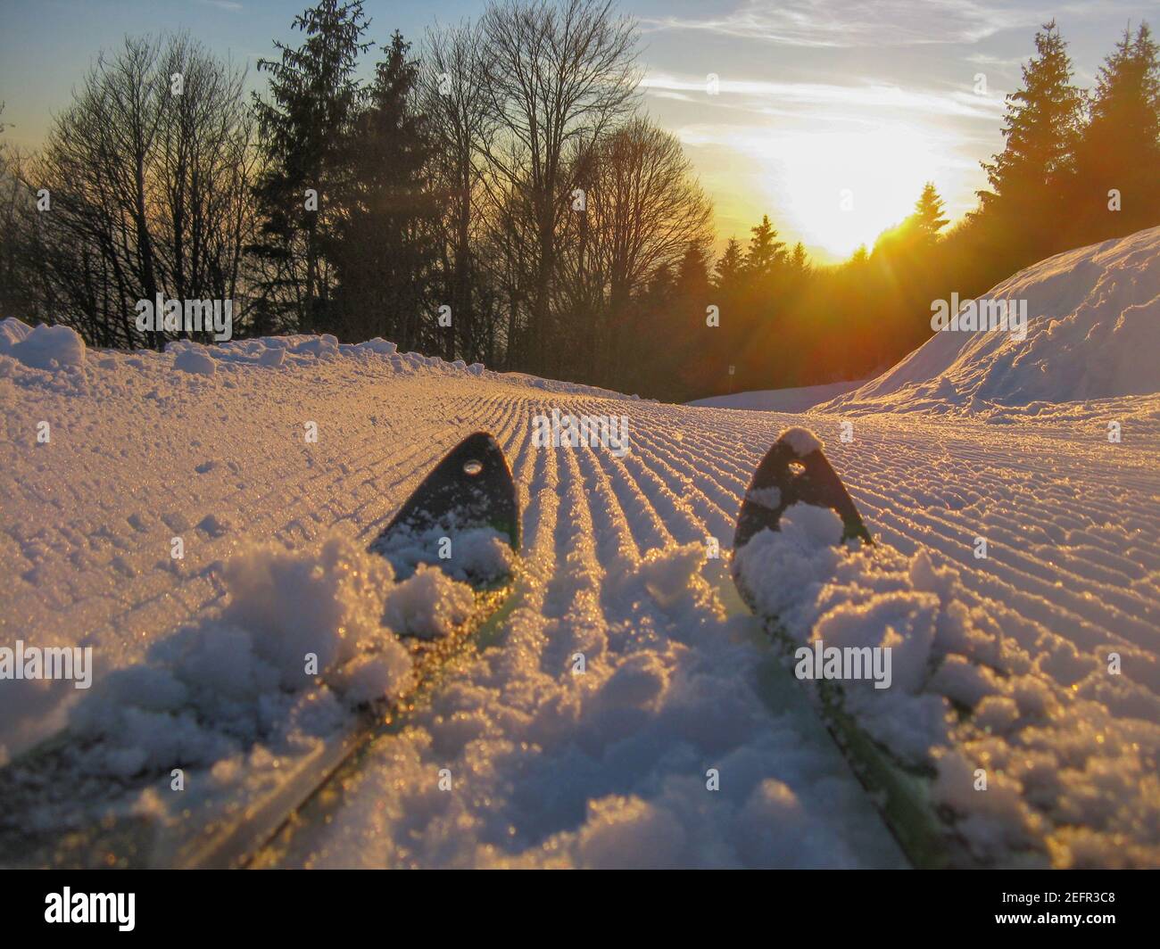 ski on freshly groomed piste Stock Photo