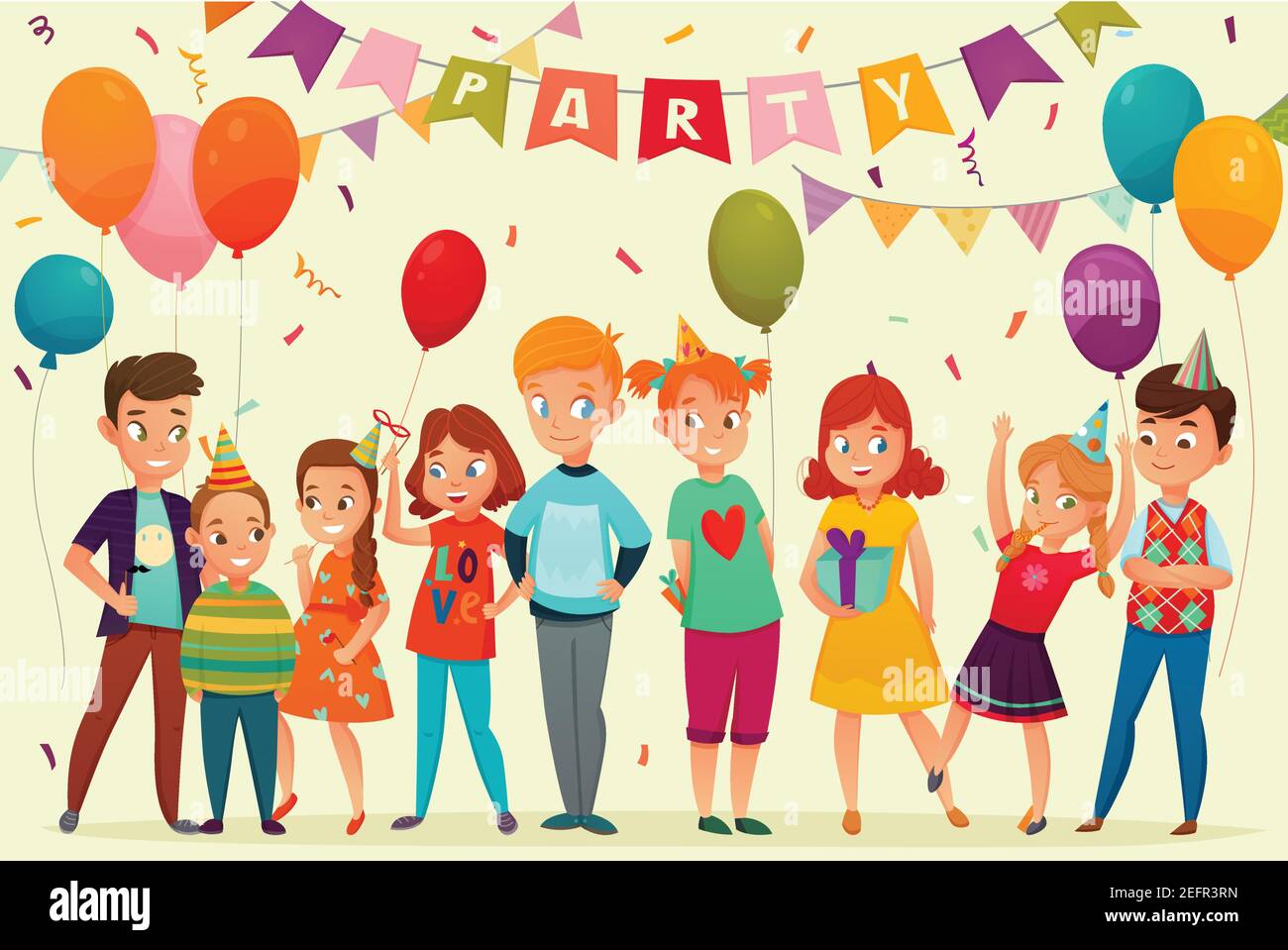 Colored cartoon kids party composition with birthday party team garlands  and gifts vector illustration Stock Vector Image & Art - Alamy