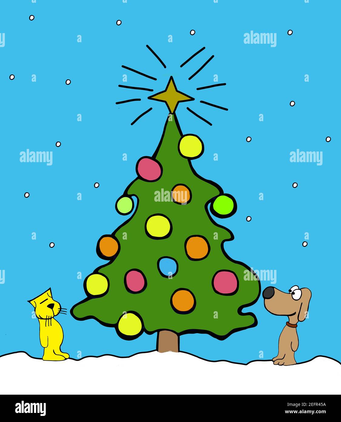 Dog and cat friends celebrate Christmas around a Christmas tree Stock Photo