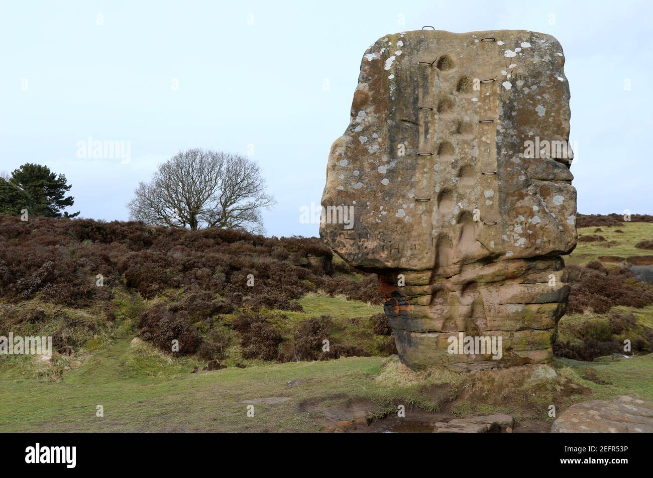 Cork Stone on Stanton Moor which is a Scheduled Ancient Monument in the Derbyshire Peak District Stock Photo