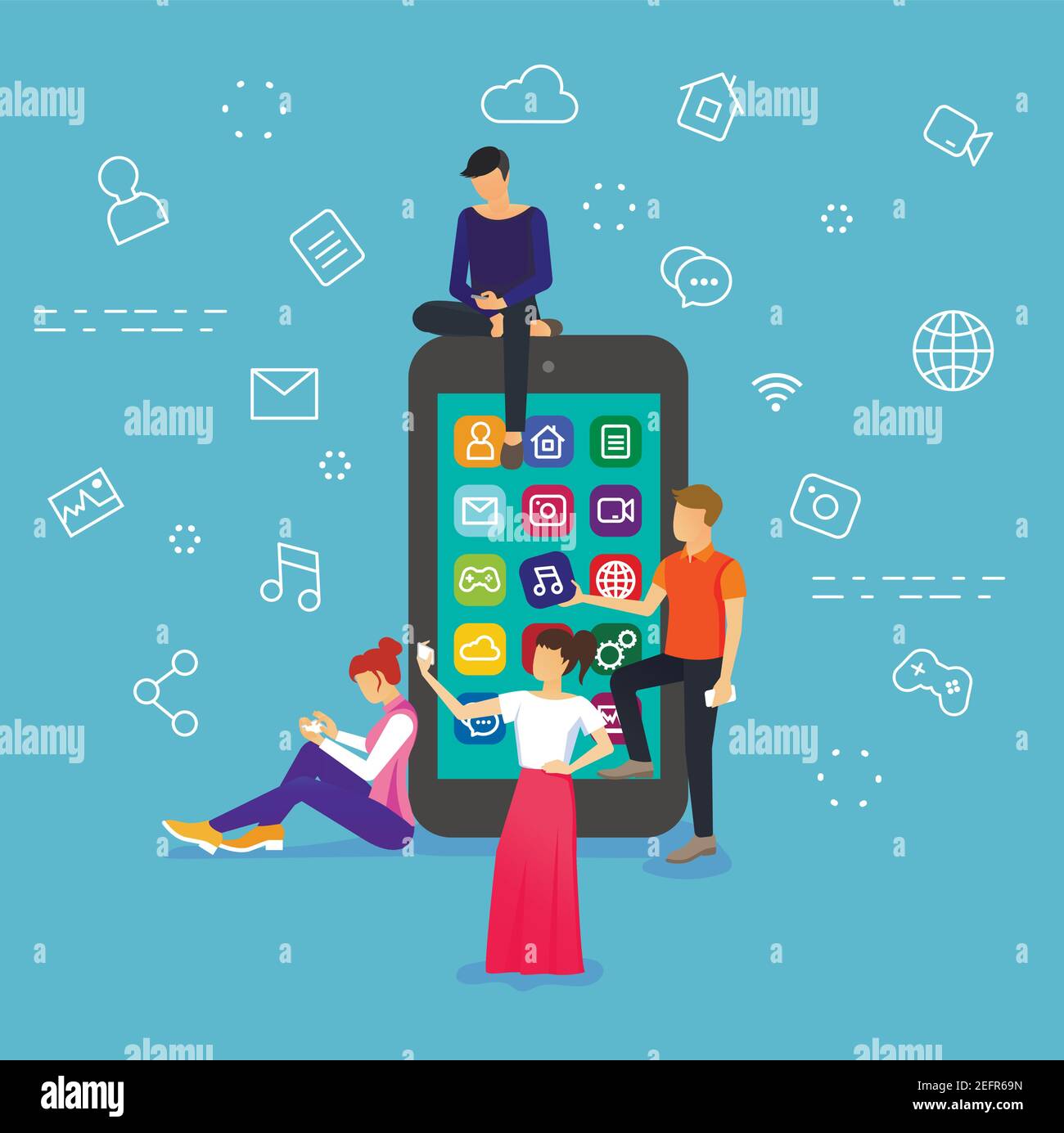 Vector flat design illustration of young people are standing near big smart phone and using own phones, on blue background Stock Vector