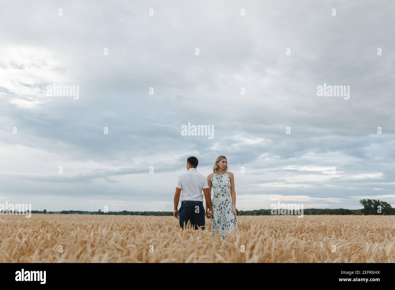 Couple holding each other hands standing in a wheat field. Man and ...