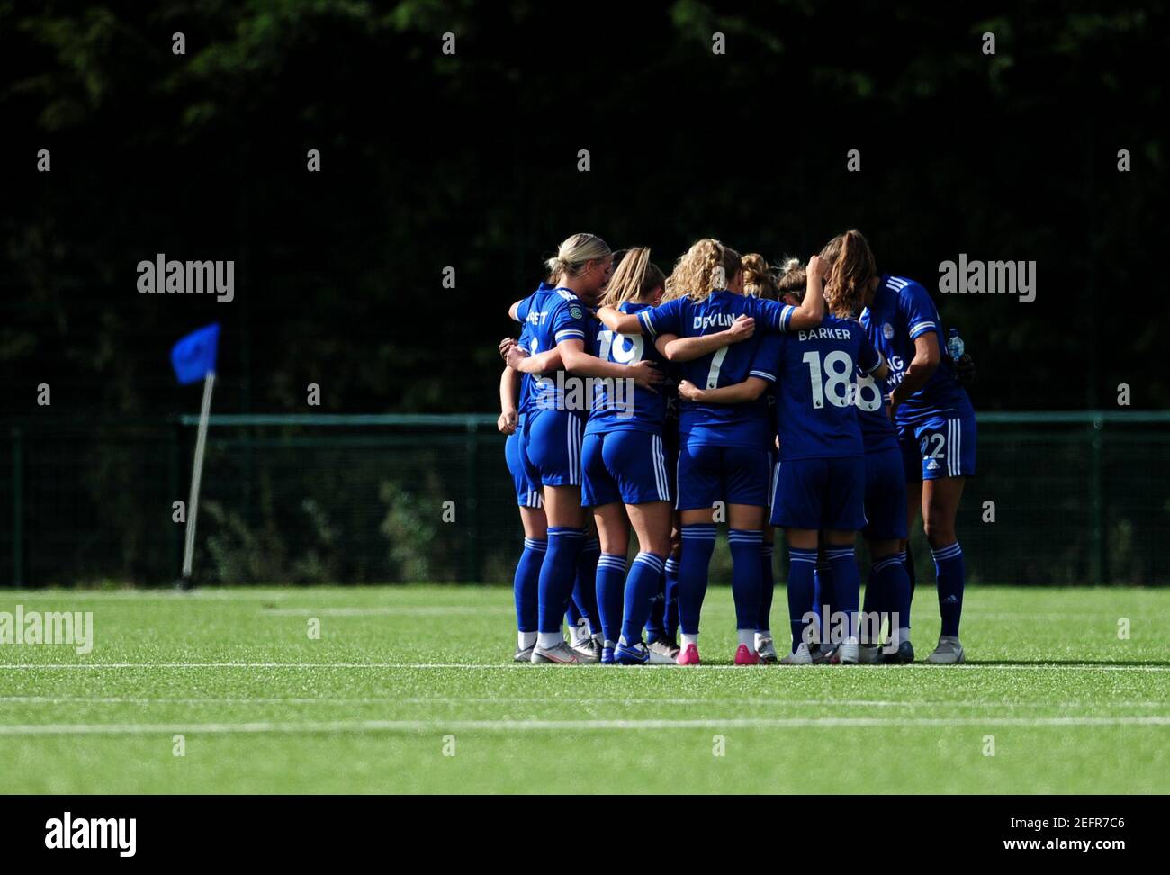 File photo dated 27-09-2020 of Leicester City players form a huddle before the Vitality Women's FA Cup Quarter Final match at Farley Way Stadium, Loughborough. Issue date: Wednesday February 17, 2021. Stock Photo