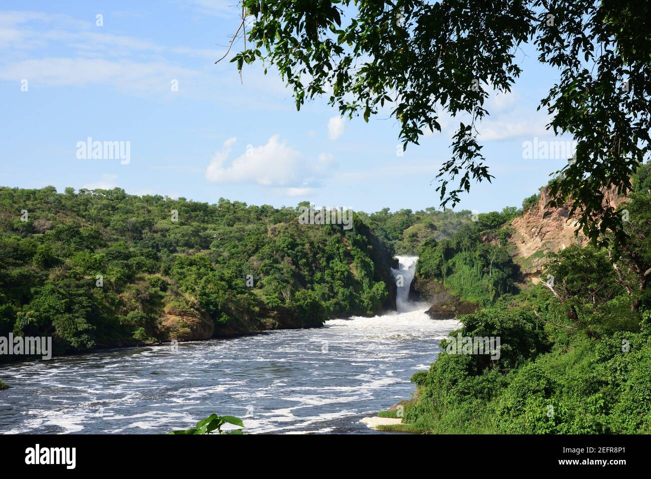 Murchison Falls National Park Uganda, Waterfall in beautiful green forest with white water, rocks, roaring water Stock Photo