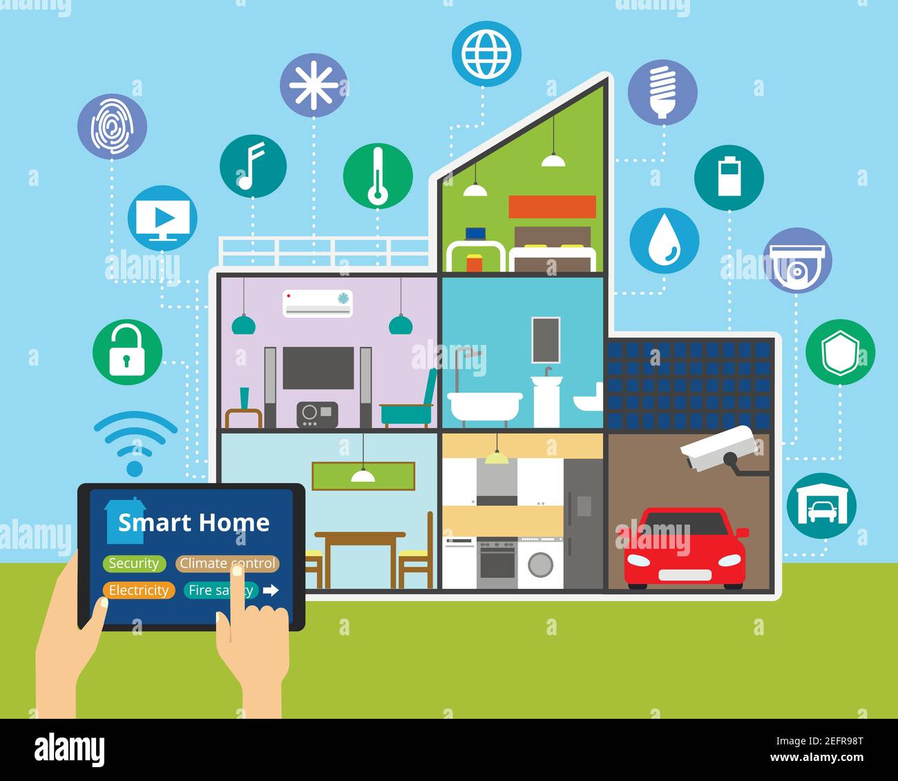 Modern flat design vector illustration, concept of technology smart house with control of any house systems: lighting, security, video surveillance an Stock Vector