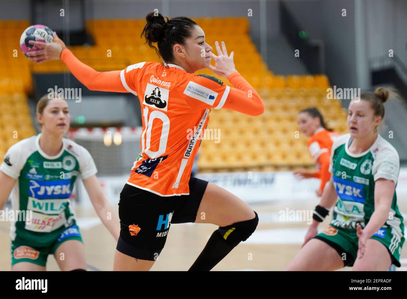 Odense, Denmark. 17th Feb, 2021. Jessica Quintino (10) of Odense Handball  seen in the Danish Women's Bambusa Kvindeligaen match between Odense  Handball and Silkeborg Voel KFUM Sydbank Arena in Odense. (Photo Credit: