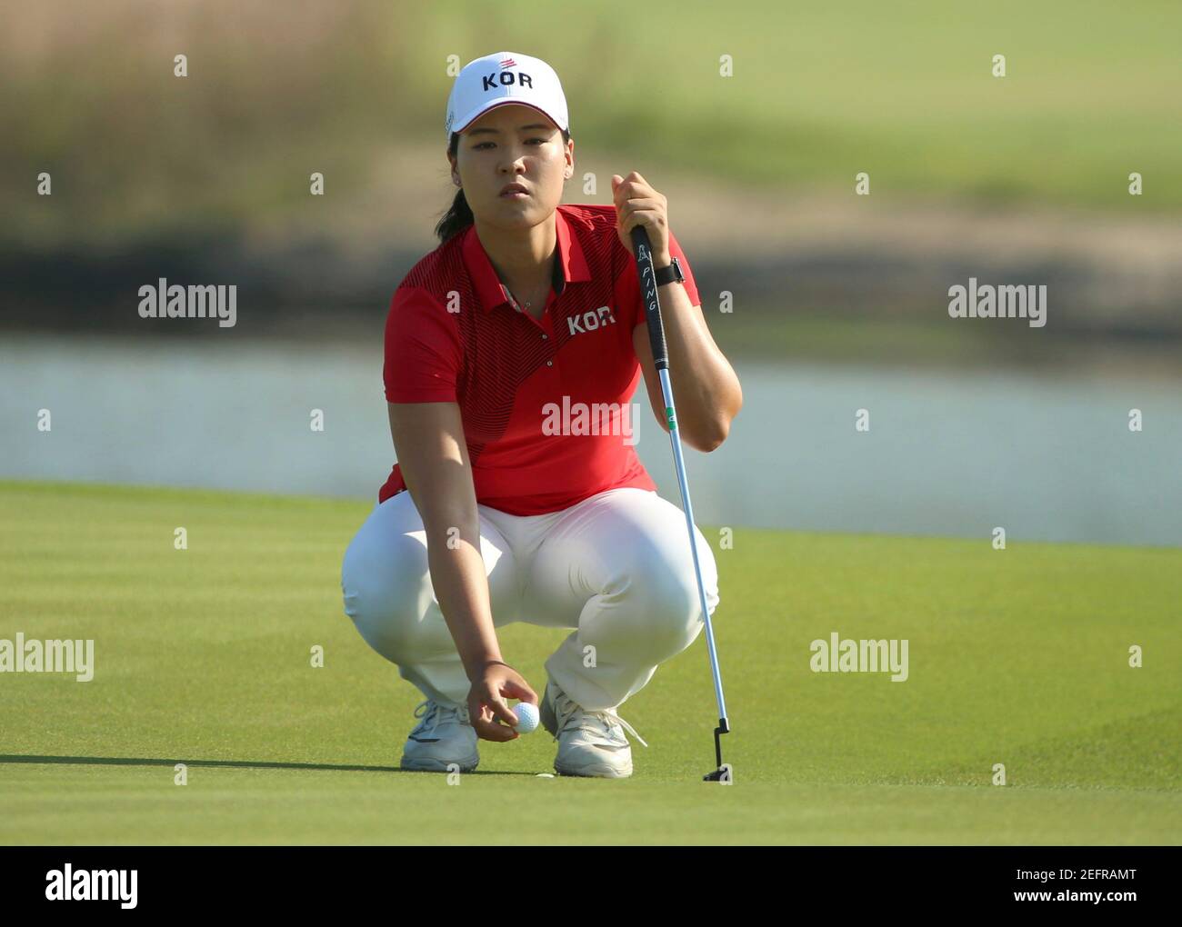 2016 Rio Olympics - Golf -  Women's Individual Stroke Play - Olympic Golf Course - Rio de Janeiro, Brazil - 17/08/2016.  In-Gee Chun (KOR) of Korea lines up a putt during first round women's Olympic golf competition.  REUTERS/Kevin Lamarque FOR EDITORIAL USE ONLY. NOT FOR SALE FOR MARKETING OR ADVERTISING CAMPAIGNS.   Picture Supplied by Action Images Stock Photo