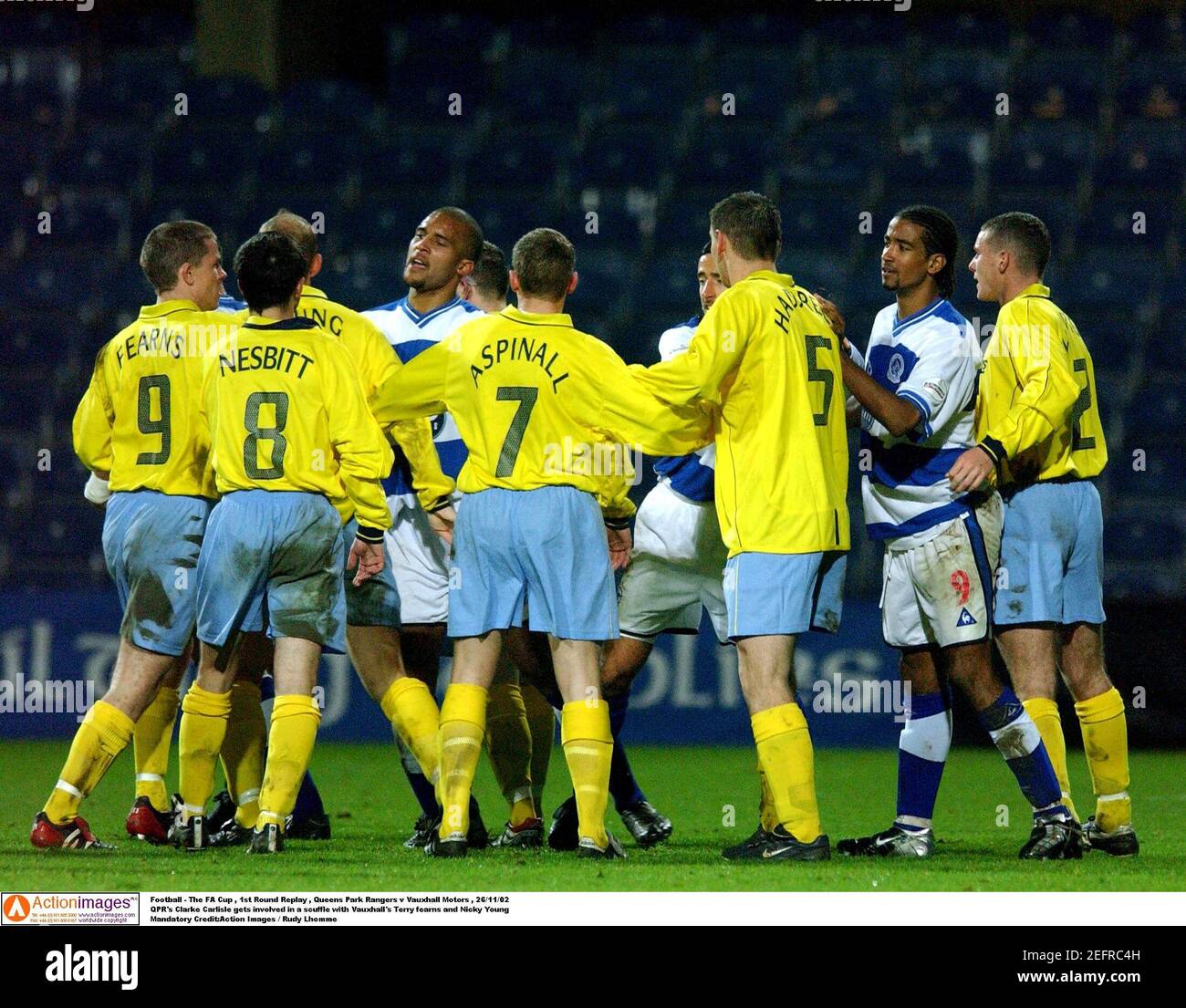 Football The Fa Cup 1st Round Replay Queens Park Rangers V Vauxhall Motors 26 11 02 Qpr S Clarke Carlisle Gets Involved In A Scuffle With Vauxhall S Terry Fearns And Nicky Football The Fa Cup 1st Round Replay Queens Park Rangers V Vauxhall Motors 26 11 02 Qpr S Clarke Carlisle Gets Involved In A Scuffle With Vauxhall S Terry Fearns And Nicky