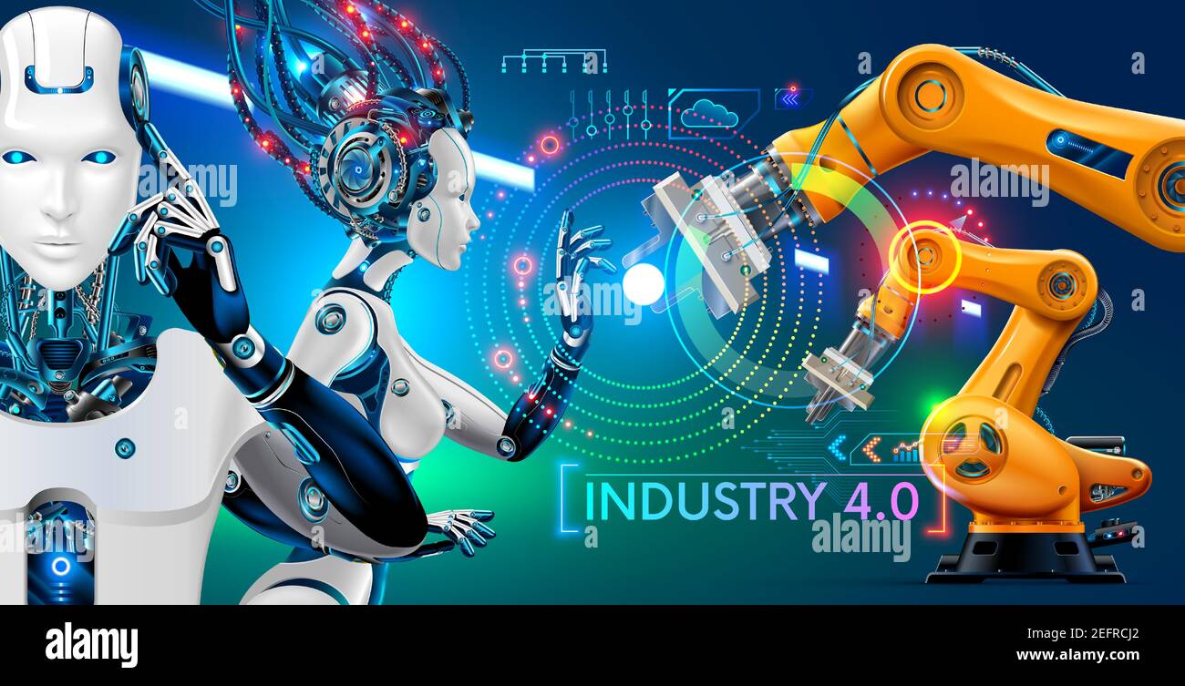 Robot or cyborg with artificial intelligence controls manipulator arms on factory or manufacture. industry 4.0. AI technology in industrial revolution Stock Vector